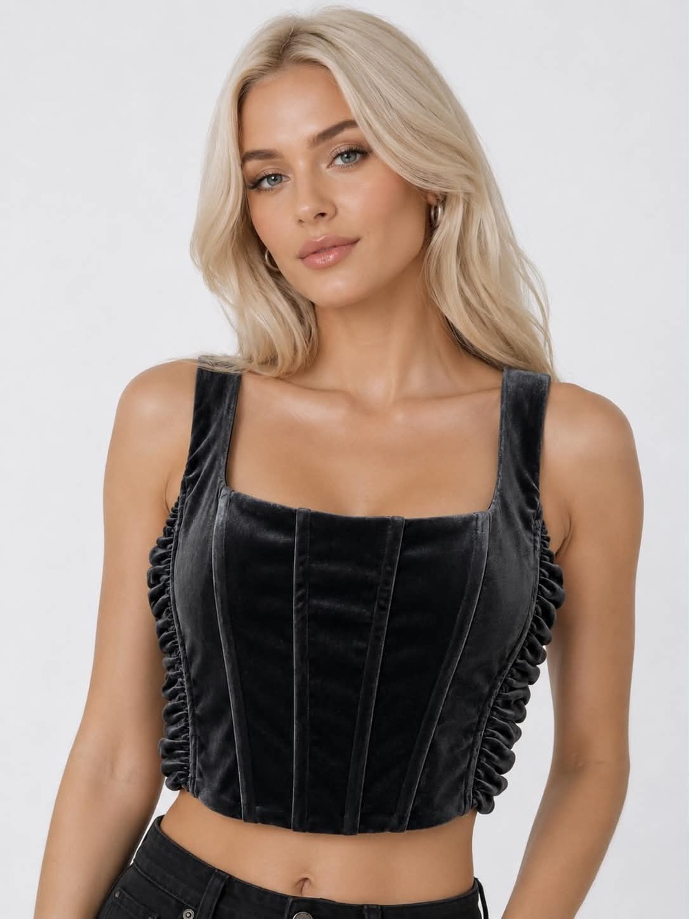 Zara Velvet Corset Crop Top XS Black Ruched Side Bustier Tank NWOT